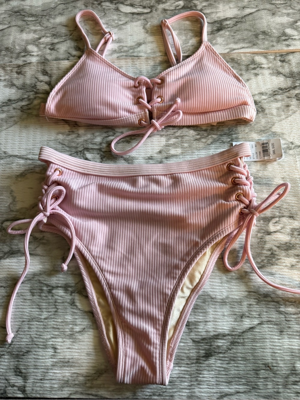 NWT Pac Sun La Hearts Pale Pink Lace Up Ribbed Bikini-Medium top/Small Bottoms